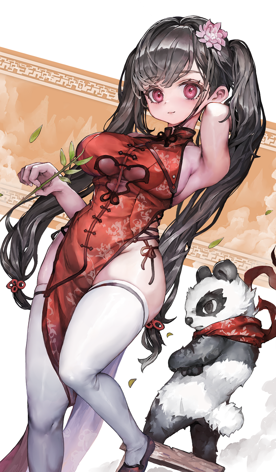 1girl arm_up bangs black_hair breasts china_dress chinese_clothes closed_mouth dress eyebrows_visible_through_hair flower hair_flower hair_ornament highres holding large_breasts long_hair looking_at_viewer original panda pink_eyes pink_flower print_dress red_dress red_scarf scarf sleeveless sleeveless_dress smile solo thigh-highs twintails very_long_hair voruvoru white_legwear