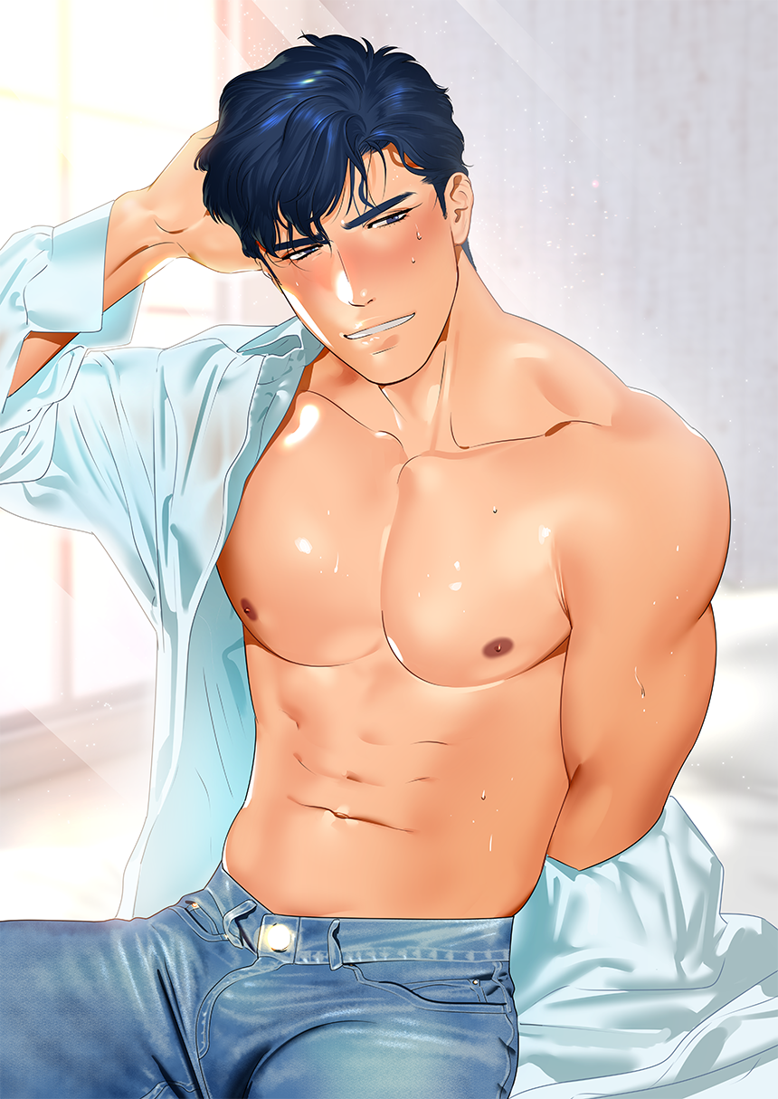 1boy arm_behind_head arm_up bangs blue_eyes blue_hair blush bulge collarbone denim dress_shirt grin half-closed_eyes highres indoors jeans keruberosu-a light_particles looking_at_viewer male_focus navel nipples off_shoulder open_clothes open_shirt original pants parted_bangs pectorals shirt short_hair sitting smile solo sunlight sweat white_shirt window