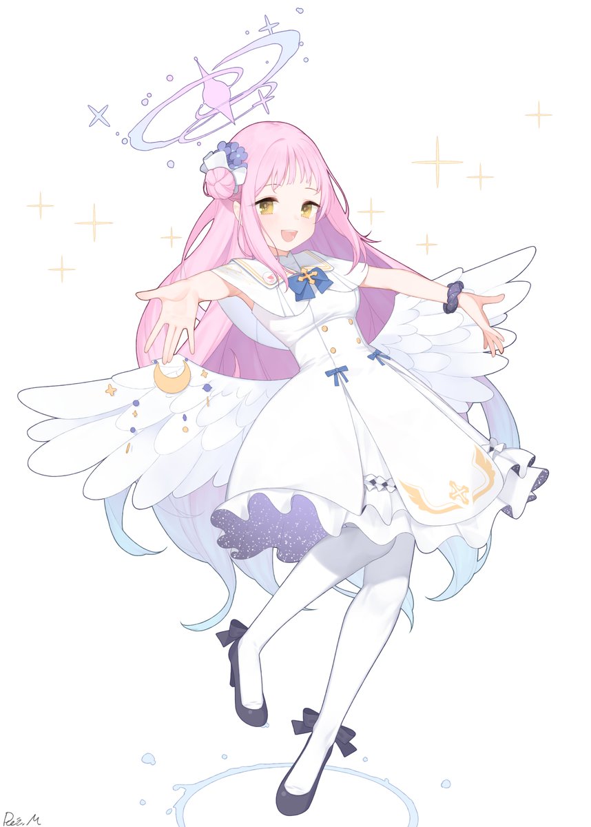 1girl :d angel_wings badge black_footwear blue_archive blue_bow bow button_badge capelet crescent dress feathered_wings flower footwear_ribbon frilled_dress frills full_body hair_flower hair_ornament halo highres light_blush long_hair looking_at_viewer low_wings mika_(blue_archive) minagawa_rei_(uru) outstretched_arms pantyhose pink_hair sailor_collar scrunchie side_bun signature sleeveless sleeveless_dress smile solo spread_arms star_(symbol) white_dress white_legwear white_sailor_collar white_wings wings wrist_scrunchie yellow_eyes