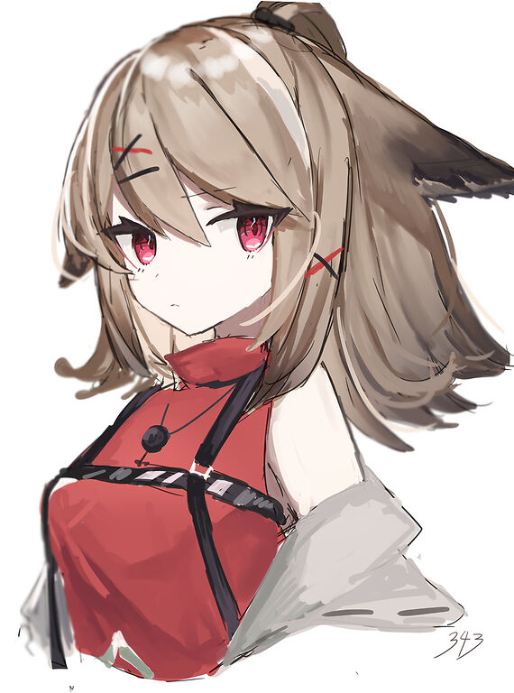 1girl 343_(sakananono) animal_ears arknights artist_name cropped_torso cutter_(arknights) fox_ears hair_between_eyes hair_ornament hairclip jacket jewelry long_hair looking_at_viewer necklace off_shoulder open_clothes open_jacket ponytail red_eyes red_shirt shirt sleeveless sleeveless_shirt solo upper_body white_jacket x_hair_ornament