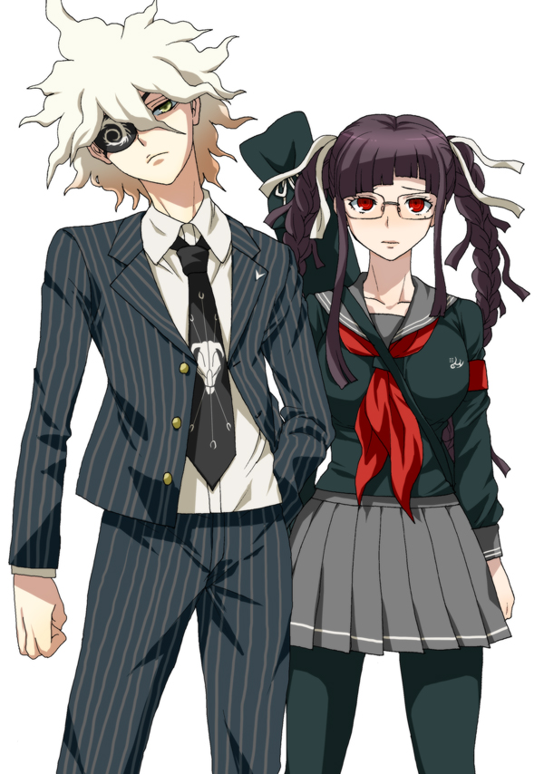 1boy 1girl bangs bespectacled black_eyepatch black_hair black_jacket black_legwear black_necktie black_shirt braid breasts brown_hair collarbone collared_shirt cosplay cowboy_shot danganronpa_(series) danganronpa_2:_goodbye_despair dosugon eyepatch glasses green_sailor_collar grey_background grey_hair grey_sailor_collar grey_skirt hair_between_eyes hair_ribbon jacket komaeda_nagito kuzuryuu_fuyuhiko kuzuryuu_fuyuhiko_(cosplay) large_breasts long_hair long_sleeves medium_hair multicolored_hair neckerchief necktie open_clothes open_jacket pantyhose pekoyama_peko pekoyama_peko_(cosplay) pleated_skirt red_neckerchief ribbon sailor_collar shirt simple_background skirt standing striped striped_jacket tsumiki_mikan twin_braids twintails two-tone_hair white_shirt