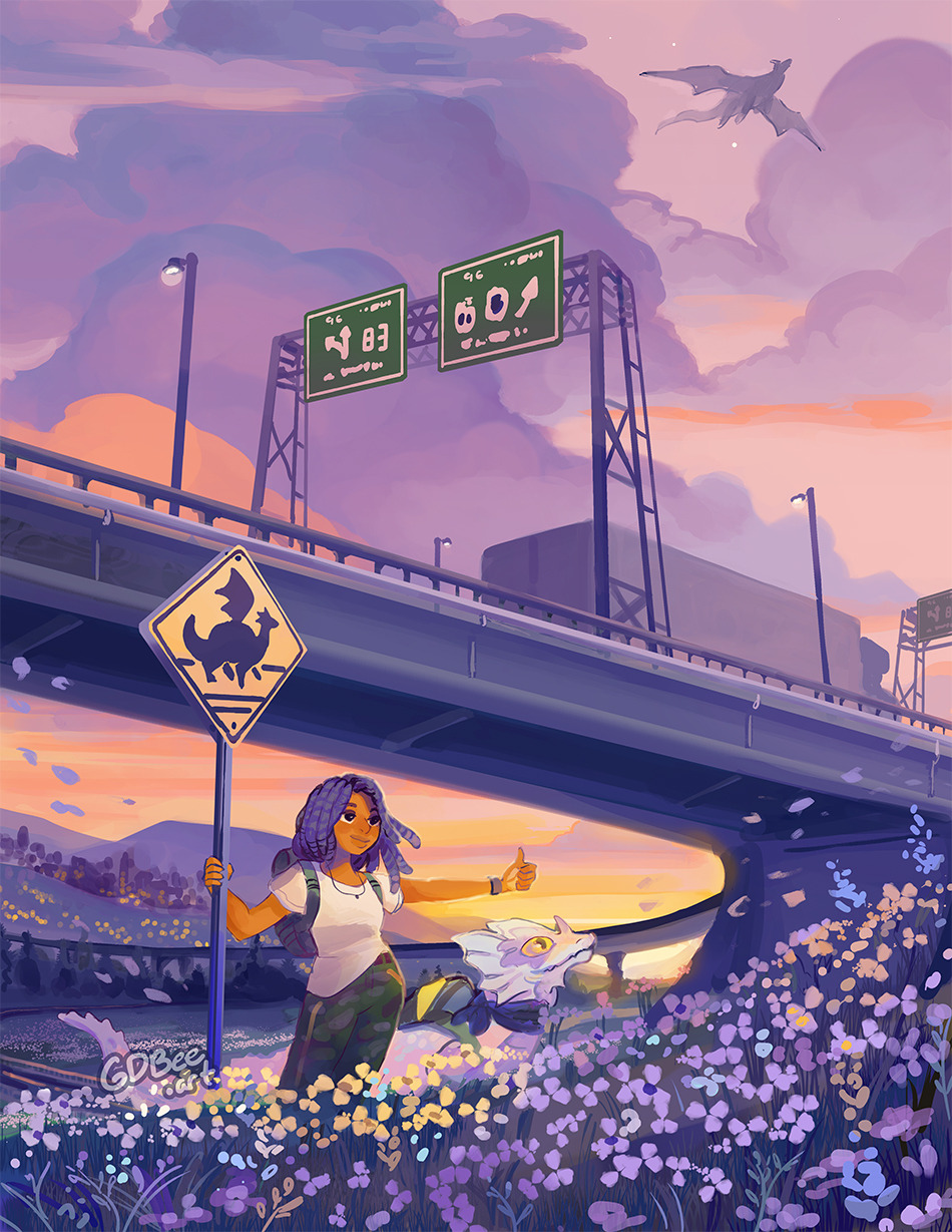 1girl artist_name backpack bag belt bridge camouflage camouflage_pants closed_mouth clouds commentary dark-skinned_female dark_skin dragon dreadlocks english_commentary flower flying geneva_bowers ground_vehicle highres hitchhiking jewelry lamppost long_hair looking_up motor_vehicle necklace original outdoors pants purple_flower purple_hair purple_sky road road_sign scenery shirt short_sleeves sign smile standing star_(sky) sunset thumbs_up truck watermark white_shirt wide_shot yellow_flower