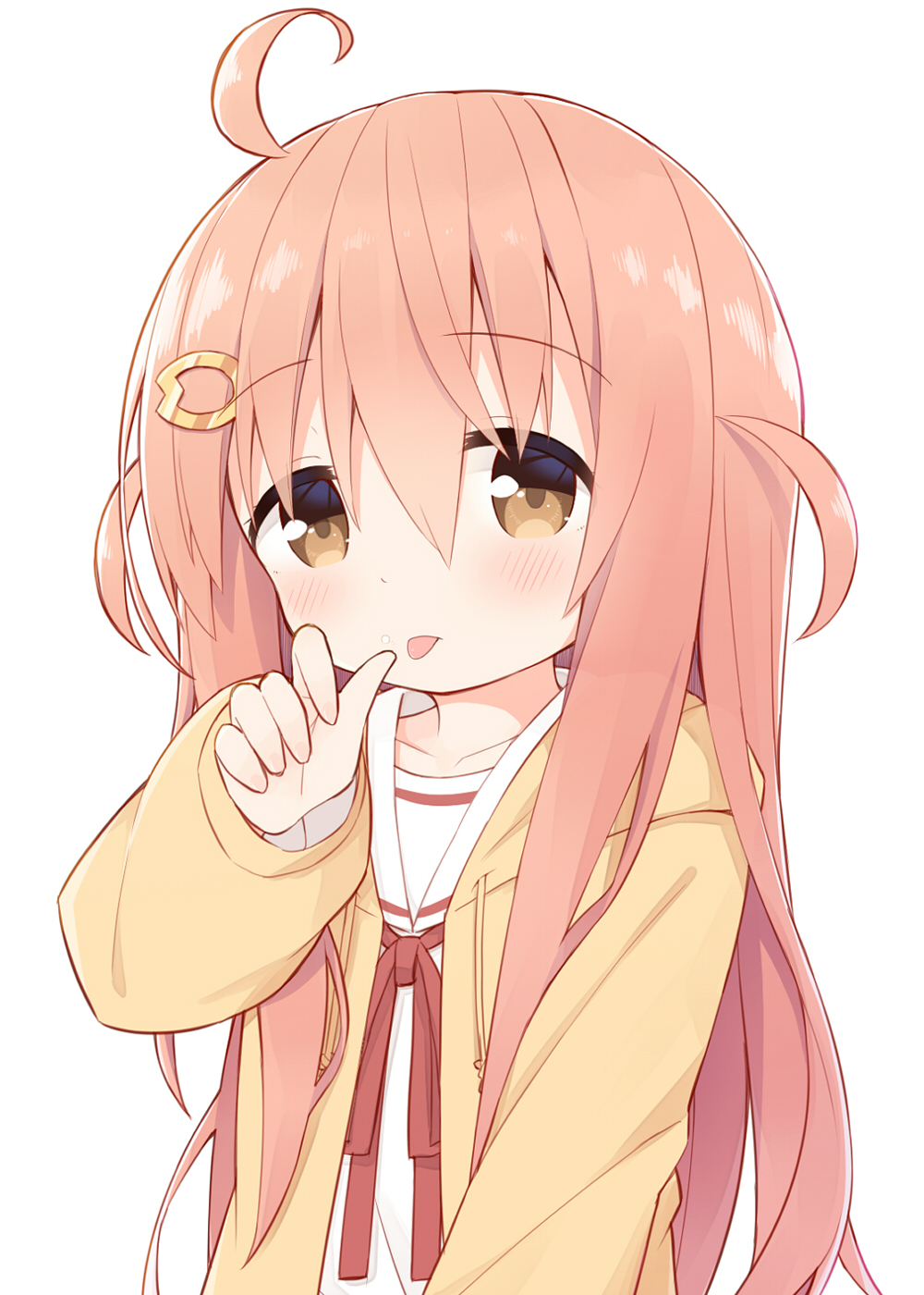 1girl ahoge ayanepuna bangs blush brown_eyes brown_jacket closed_mouth commentary_request drawstring eyebrows_visible_through_hair hair_between_eyes hair_ornament hairclip highres hood hood_down hooded_jacket ii_(ayanepuna) jacket long_hair long_sleeves looking_at_viewer neck_ribbon open_clothes open_jacket original pink_hair puffy_long_sleeves puffy_sleeves red_ribbon ribbon sailor_collar school_uniform serafuku shirt simple_background sleeves_past_wrists solo tongue tongue_out two_side_up upper_body very_long_hair white_background white_sailor_collar white_shirt