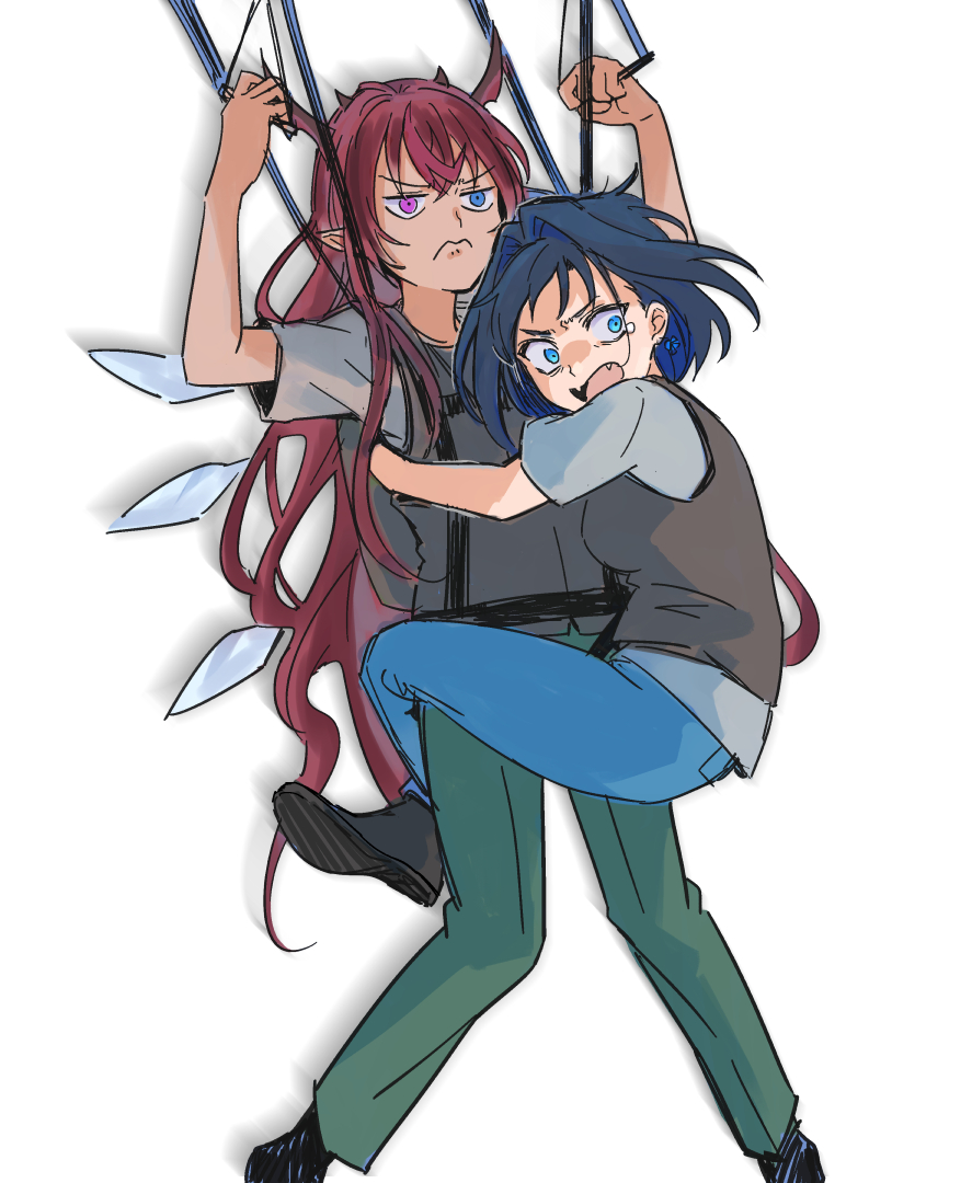 2girls a_way_out black_footwear black_vest blue_eyes blue_hair blue_pants bow bow_earrings breasts clinging commentary cosplay detached_wings drop_shadow earrings fang feet_out_of_frame frown full_body green_pants grey_shirt hair_intakes heterochromia hololive hololive_english horns hug irys_(hololive) jewelry kisuu_(oddnumberr_) leg_lock leo_caruso leo_caruso_(cosplay) long_hair medium_breasts multiple_girls open_mouth ouro_kronii pants parachute parody purple_hair sanpaku scared shirt shoes short_hair shouting simple_background tearing_up tears v-shaped_eyebrows vest vincent_moretti vincent_moretti_(cosplay) violet_eyes virtual_youtuber white_background wide-eyed wings
