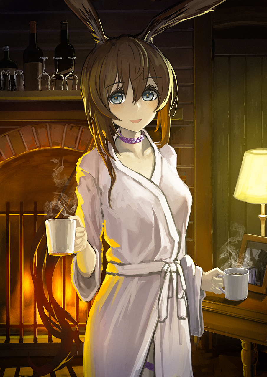 1girl :d amiya_(arknights) animal_ears arknights blue_eyes blush breasts brown_hair collar cup doctor_(arknights) eyebrows_visible_through_hair fireplace glass hair_between_eyes highres holding holding_cup indoors long_hair looking_at_viewer medium_breasts mug open_mouth picture_frame purple_collar rabbit_ears sash sentou_kouhei_kitsune smile solo table thigh_strap white_robe white_sash