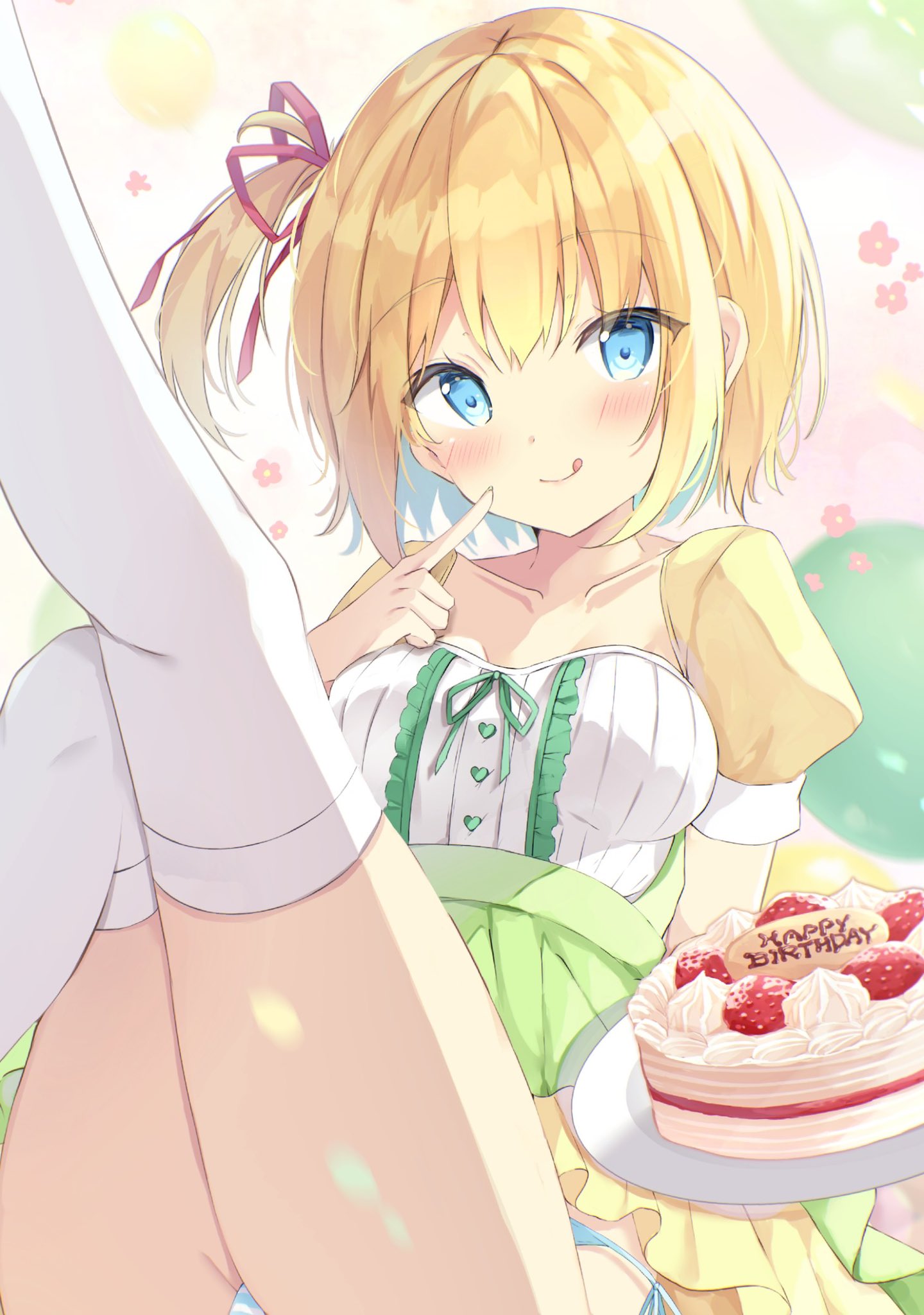 :q bangs blonde_hair blue_eyes blue_hair blush breasts cake center_frills closed_mouth commentary eyebrows_visible_through_hair feet_out_of_frame finger_to_mouth food frills green_skirt hair_between_eyes hand_up happy_birthday highres knee_up leg_up looking_at_viewer medium_breasts multicolored_hair one_side_up original panties pleated_skirt puffy_short_sleeves puffy_sleeves saeki_sora short_sleeves side-tie_panties skirt smile striped striped_panties suspender_skirt suspenders symbol-only_commentary thigh-highs tongue tongue_out two-tone_hair underwear white_legwear