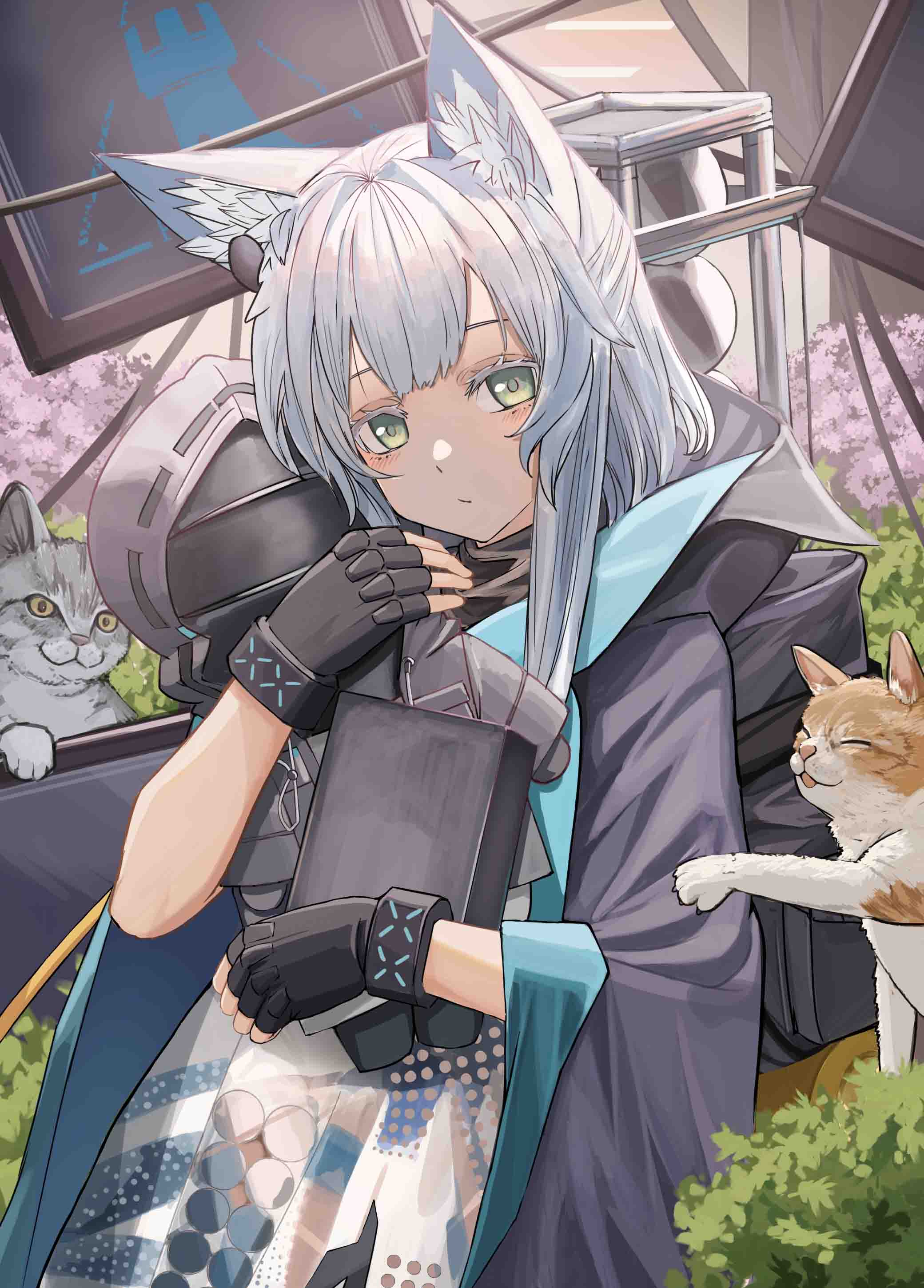 1girl absurdres animal animal_ear_fluff animal_ears arknights backpack bag bangs black_coat black_gloves book bracelet cat cat_ears character_sheet closed_mouth coat cowboy_shot dress eyebrows_behind_hair fingerless_gloves gloves green_eyes highres holding holding_book infection_monitor_(arknights) jewelry long_hair looking_at_viewer meganeno_dokitsui open_clothes open_coat plant rosmontis_(arknights) screen silver_hair solo white_dress