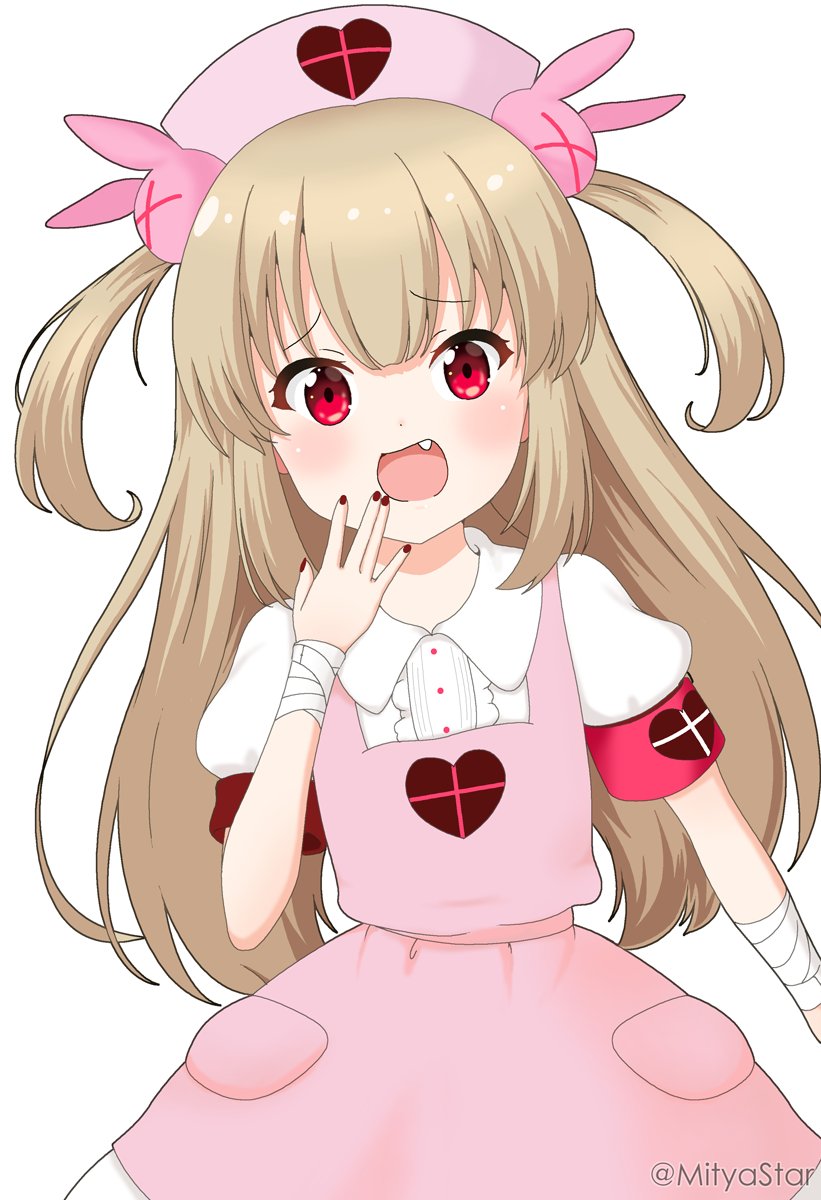 &gt;_&lt; 1girl apron armband bandaged_arm bandages bangs brown_hair bunny_hair_ornament collared_shirt commentary_request eyebrows_visible_through_hair hair_ornament hand_to_own_mouth hand_up hat heart highres long_hair mitya nail_polish natori_sana nurse nurse_cap pink_apron pink_headwear puffy_short_sleeves puffy_sleeves red_eyes red_nails sana_channel shirt short_sleeves simple_background skirt solo twitter_username two_side_up very_long_hair virtual_youtuber white_background white_shirt white_skirt