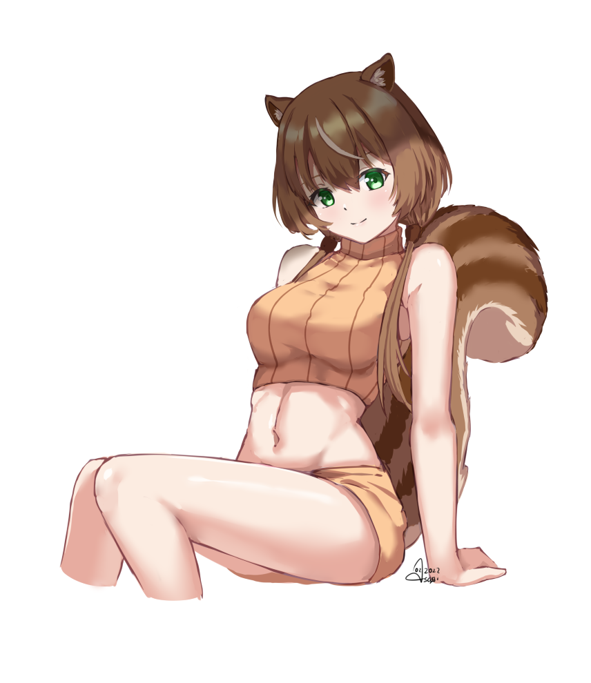 1girl animal_ear_fluff animal_ears as4gi ayunda_risu brown_hair cropped_legs cropped_sweater green_eyes hololive hololive_indonesia long_hair looking_at_viewer low_twintails midriff multicolored_hair navel short_shorts shorts signature sitting solo squirrel_ears squirrel_girl squirrel_tail streaked_hair sweater tail turtleneck turtleneck_sweater twintails virtual_youtuber white_background white_hair