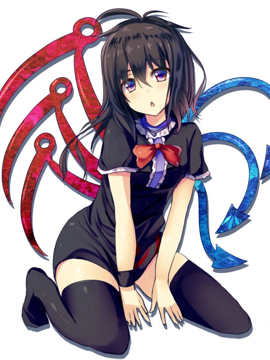 1girl asymmetrical_wings bangs black_dress black_hair black_legwear blue_wings bow bowtie center_frills chestnut_mouth commentary_request dress eyebrows_visible_through_hair frilled_dress frills full_body hair_between_eyes highres houjuu_nue liya looking_at_viewer medium_hair no_shoes open_mouth red_bow red_bowtie red_eyes red_wings seiza short_dress short_sleeves simple_background sitting solo thigh-highs tomoe_(symbol) touhou white_background wings wristband