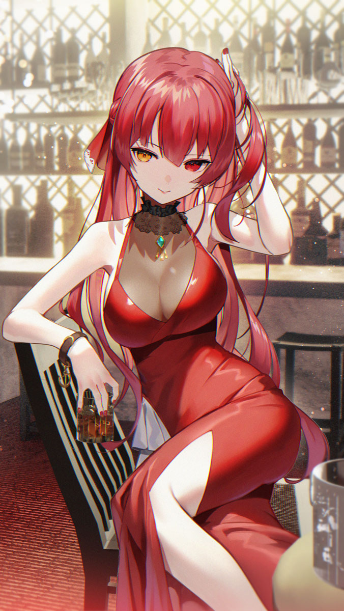 1girl bangs bar bottle breasts closed_mouth cup dress hair_ribbon heterochromia highres holding holding_cup hololive houshou_marine indoors large_breasts long_hair red_dress red_eyes red_ribbon redhead ribbon scottie_(phantom2) sitting sleeveless sleeveless_dress smile solo very_long_hair virtual_youtuber yellow_eyes