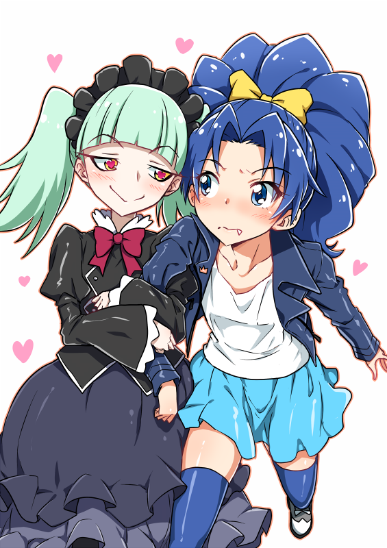 2girls biburi_(precure) black_dress blue_eyes blue_hair blue_jacket blue_legwear blue_skirt blush bow commentary_request dress fang green_hair hair_bow hair_ornament happy heart jacket kirakira_precure_a_la_mode leather leather_jacket long_hair looking_at_another multiple_girls ponytail precure red_eyes shirt shoes simple_background skirt smile tategami_aoi thigh-highs thighs twintails white_background white_shirt yellow_bow yuri yuto_(dialique)