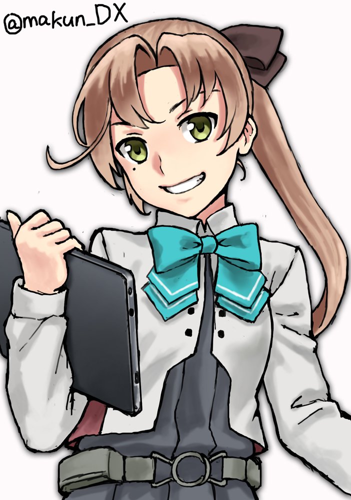 1girl akigumo_(kancolle) akigumo_kai_ni_(kancolle) aqua_bow aqua_bowtie blazer bow bowtie brown_hair drawing_tablet dress green_eyes grey_dress grin hair_ribbon jacket kantai_collection long_hair looking_at_viewer makun_dx mole mole_under_eye one-hour_drawing_challenge pleated_dress ponytail ribbon school_uniform simple_background smile solo twitter_username white_background