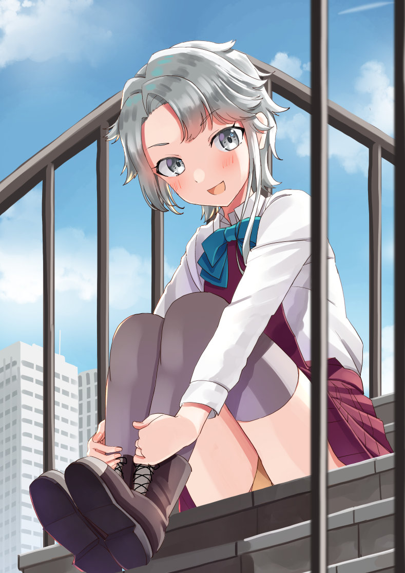 1girl akishimo_(kancolle) aqua_bow aqua_bowtie asymmetrical_hair blush boots bow bowtie brown_footwear collared_shirt cross-laced_footwear grey_eyes grey_legwear kantai_collection lace-up_boots long_sleeves mayura2002 open_mouth shirt short_hair silver_hair sitting smile solo thigh-highs white_shirt