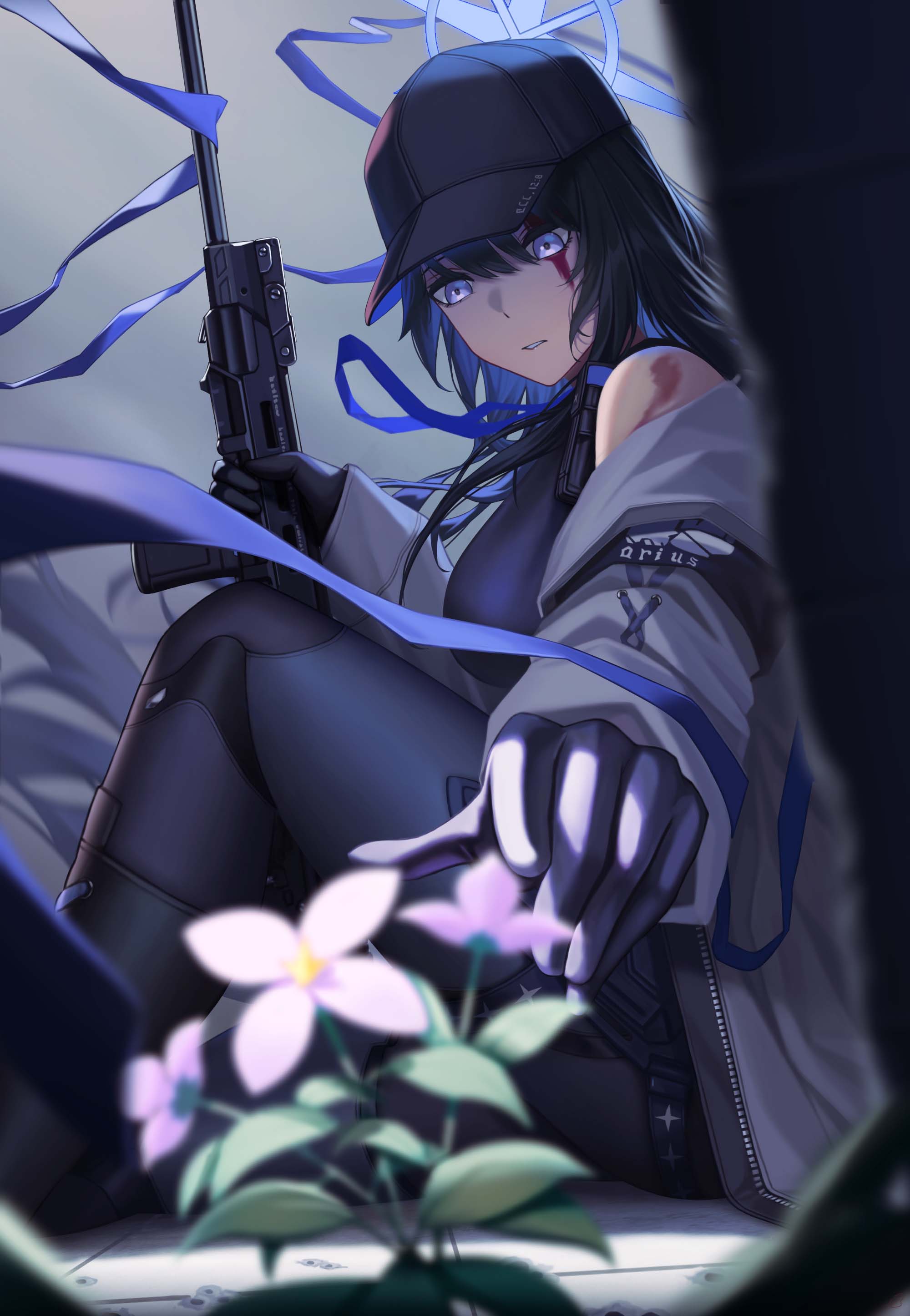 1girl 3v_ju absurdres against_wall armband assault_rifle black_gloves black_hair black_pants black_shirt blood blood_on_face blue_archive blue_eyes blue_hair blue_ribbon blurry blurry_foreground clouds cloudy_sky colored_inner_hair flower gloves gun highres holding holding_gun holding_weapon holster jacket knee_up long_hair looking_down multicolored_hair open_clothes open_jacket outdoors outstretched_arm pants parted_lips purple_flower reaching ribbon rifle saori_(blue_archive) shirt sig_516 sitting sky solo weapon white_jacket wind