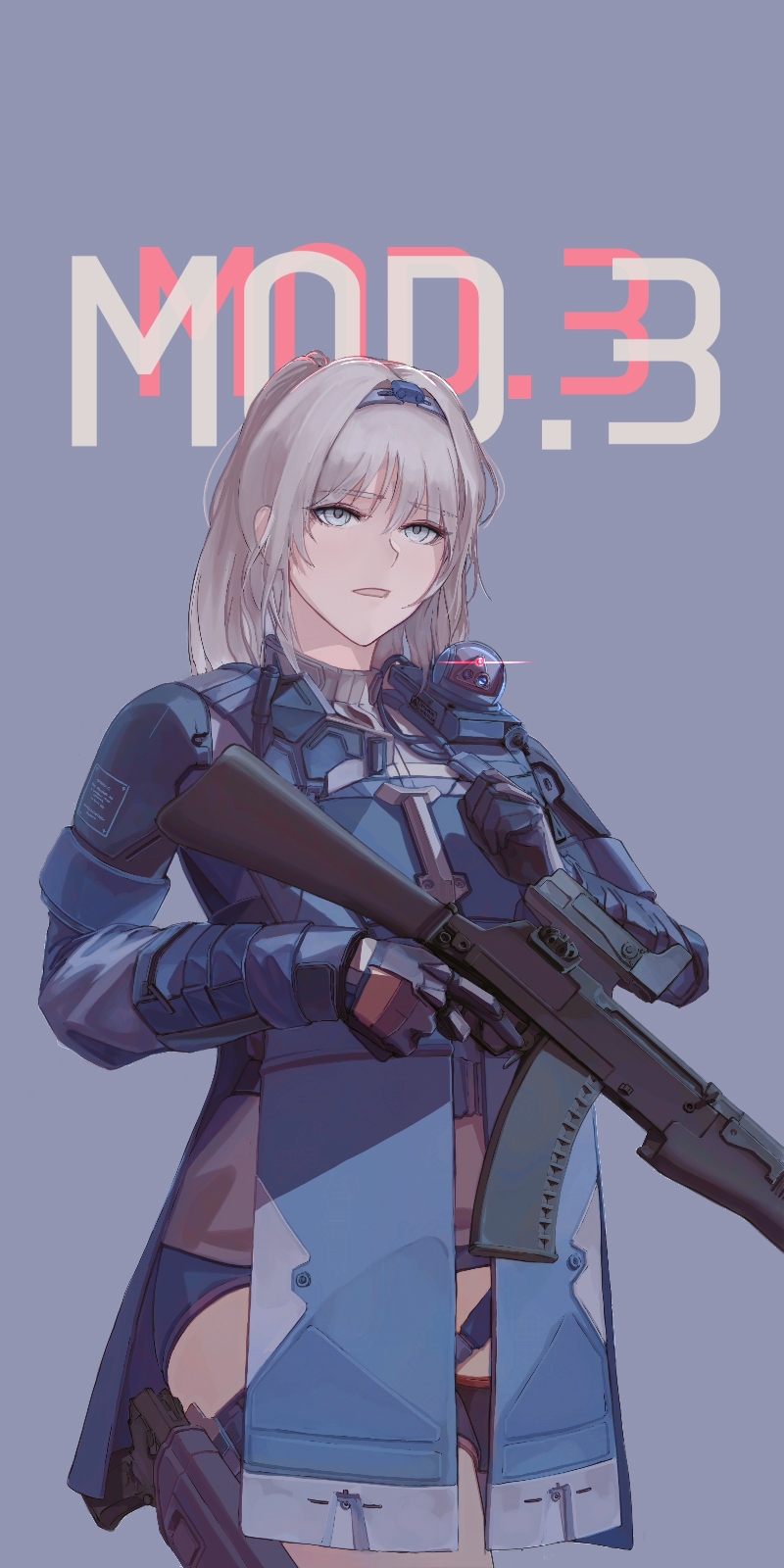 1girl an-94 an-94_(girls'_frontline) armor assault_rifle bangs black_gloves blonde_hair blue_background eyebrows_visible_through_hair feet_out_of_frame girls_frontline gloves gun hairband highres holding holding_gun holding_weapon holstered_weapon jacket light_blue_eyes long_hair long_sleeves looking_at_viewer mod3_(girls'_frontline) open_mouth ponytail rifle simple_background solo standing tactical_clothes useless weapon