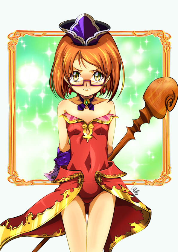1girl angela_(seiken_densetsu_3) arms_behind_back ass_visible_through_thighs blush breasts brown_hair choker closed_mouth collarbone cosplay earrings embarrassed glasses gloves hat jewelry leotard looking_at_viewer medium_hair ookubo_rumi precure purple_choker purple_gloves purple_headwear rectangular_eyewear red_leotard seiken_densetsu seiken_densetsu_3 semi-rimless_eyewear shiny shiny_hair shirabe_ako small_breasts solo staff standing strapless strapless_leotard suite_precure thigh_gap tomo5656ky under-rim_eyewear voice_actor_connection yellow_eyes
