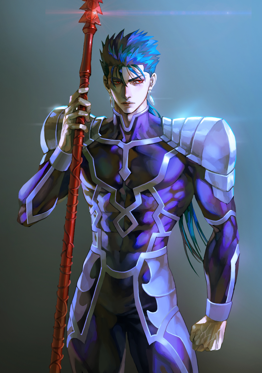 1boy blue_hair cu_chulainn_(fate) cu_chulainn_(fate/stay_night) earrings fate/grand_order fate/stay_night fate_(series) gae_bolg_(fate) highres holding jewelry kim_yura_(goddess_mechanic) long_hair male_focus muscular polearm ponytail red_eyes solo spear thick_thighs thighs weapon