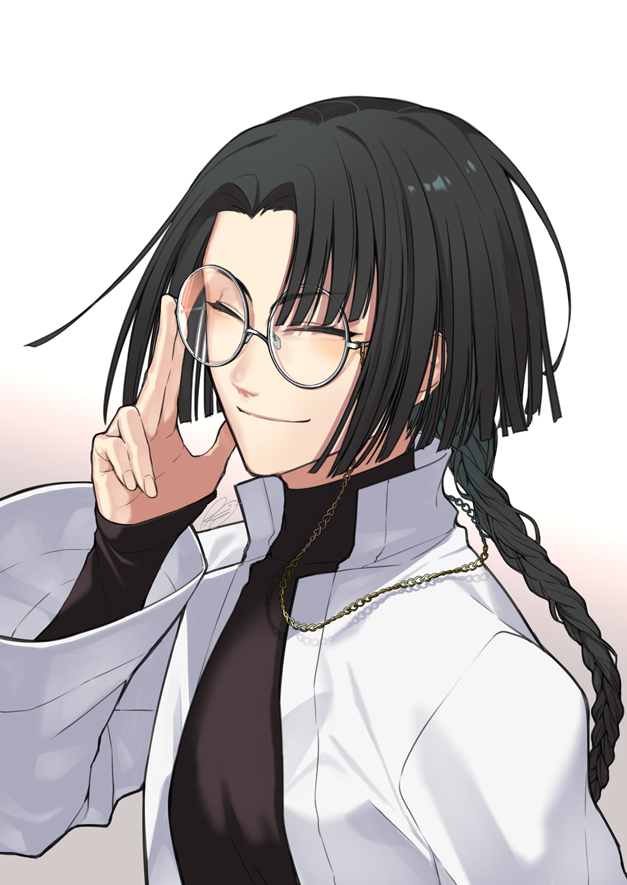 1boy bangs black_hair braid chinese_clothes closed_eyes closed_mouth coat eyebrows_visible_through_hair fate/grand_order fate_(series) high_collar long_hair long_sleeves looking_at_viewer male_focus rkp smile solo tai_gong_wang_(fate)