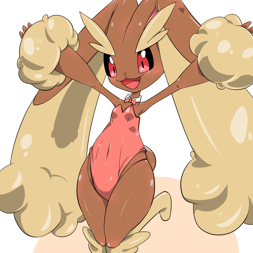 1girl :3 animal_ears animal_nose armpits arms_up black_sclera blush body_fur bow bowtie brown_fur clothed_pokemon colored_sclera commentary_request covered_navel detached_collar flat_chest furry furry_female happy kazamidoririnn knees_together_feet_apart leg_up leotard lopunny open_mouth outstretched_arms partial_commentary pink_bow pink_bowtie pink_leotard playboy_bunny pokemon pokemon_(creature) rabbit_ears rabbit_girl rabbit_tail red_eyes shiny shiny_skin simple_background smile solo spread_arms standing standing_on_one_leg strapless strapless_leotard tail two-tone_fur white_background yellow_fur