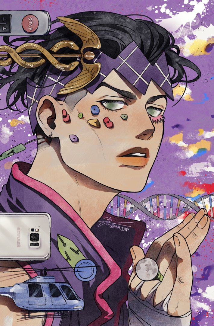 1boy aircraft bandaged_hand bandages black_hair cellphone dna earrings from_side green_eyes headband helicopter jewelry jojo_no_kimyou_na_bouken kishibe_rohan kishibe_rohan_wa_ugokanai looking_at_viewer male_focus mm_jjba phone portrait purple_vest ring signature smartphone solo twitter_username vest