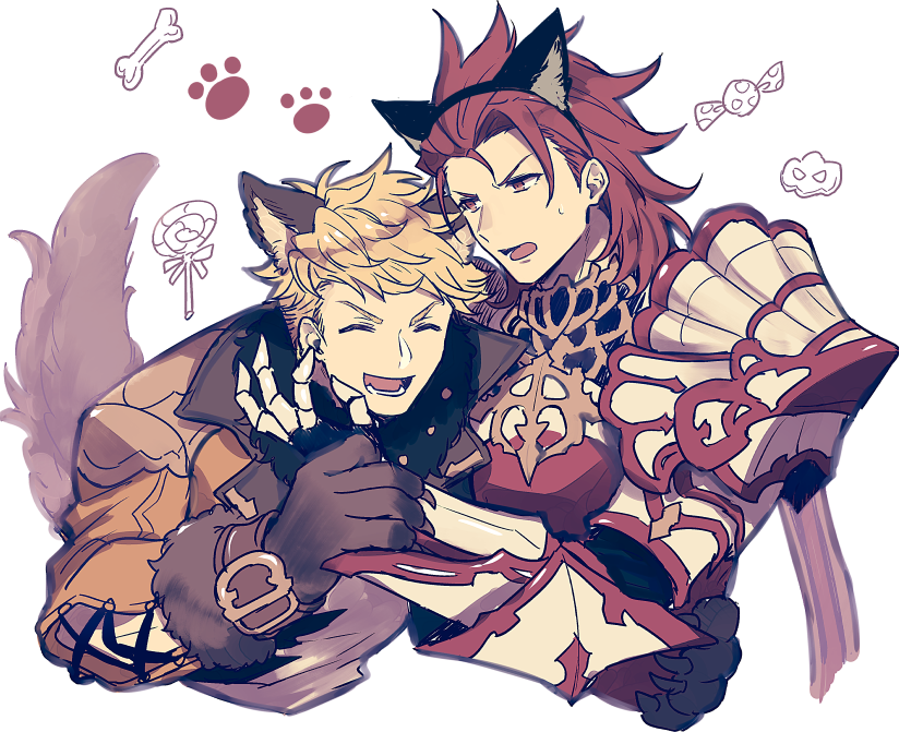 2boys animal_ears animal_hands armor bangs blonde_hair closed_eyes duplicate fake_animal_ears gauntlets gloves granblue_fantasy hug jacket looking_at_another male_focus multiple_boys official_alternate_costume ono_(0_no) open_mouth orange_jacket paw_gloves percival_(granblue_fantasy) pixel-perfect_duplicate red_armor red_eyes redhead shirt short_hair smile tail upper_body vane_(granblue_fantasy) white_shirt wolf_boy wolf_ears wolf_tail