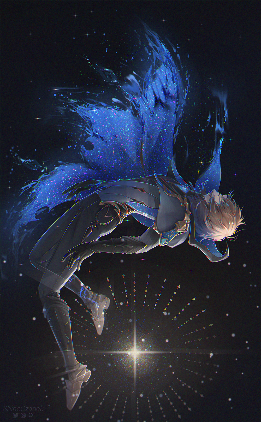 1boy arched_back armored_boots artist_name black_pants blonde_hair boots cape dainsleif_(genshin_impact) full_body genshin_impact gloves grey_vest highres long_sleeves male_focus pants shine_czanek sky solo star_(sky) star_(symbol) star_print starry_sky vest