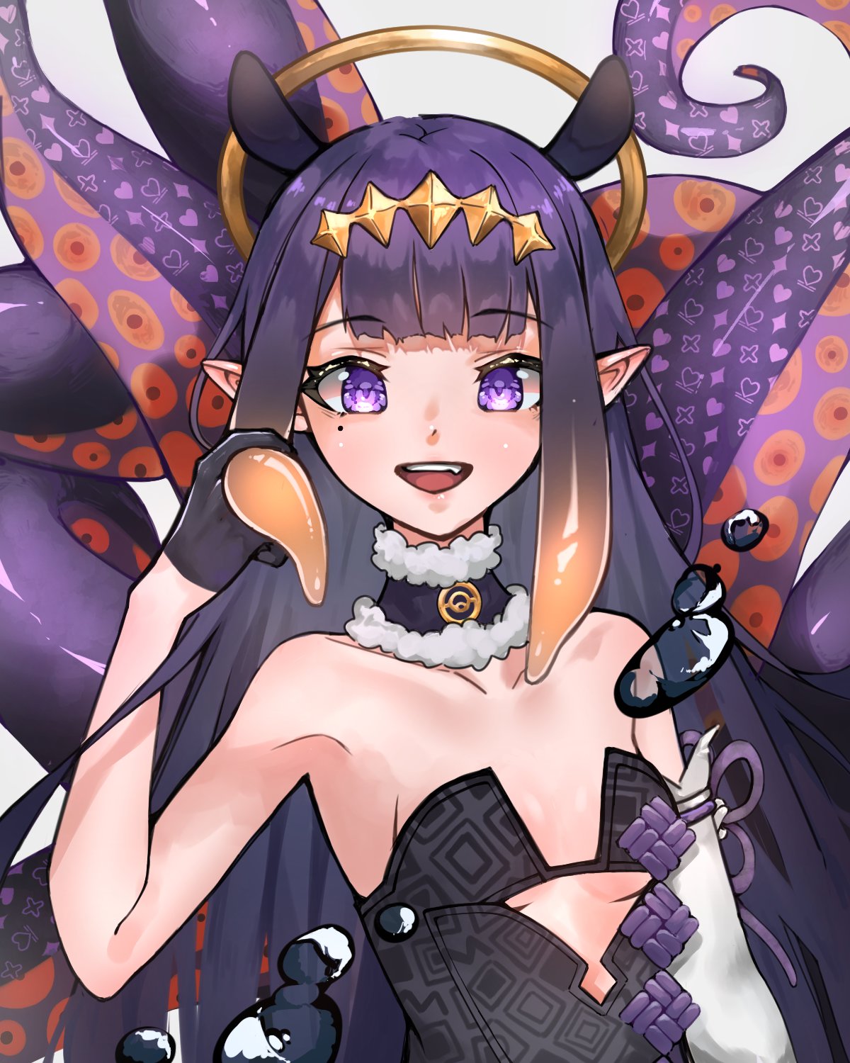1girl armpits bangs bare_shoulders black_collar black_dress black_gloves blue_eyes blunt_bangs breasts bubble collar cutout_above_navel detached_sleeves dress fang fur-trimmed_collar gloves gradient_hair halo headpiece highres hololive hololive_english long_hair looking_at_viewer mole mole_under_eye moonchii multicolored_hair ninomae_ina'nis orange_hair pointy_ears purple_hair sidelocks single_detached_sleeve small_breasts smile solo strapless strapless_dress tentacle_hair tentacles tube_dress very_long_hair virtual_youtuber