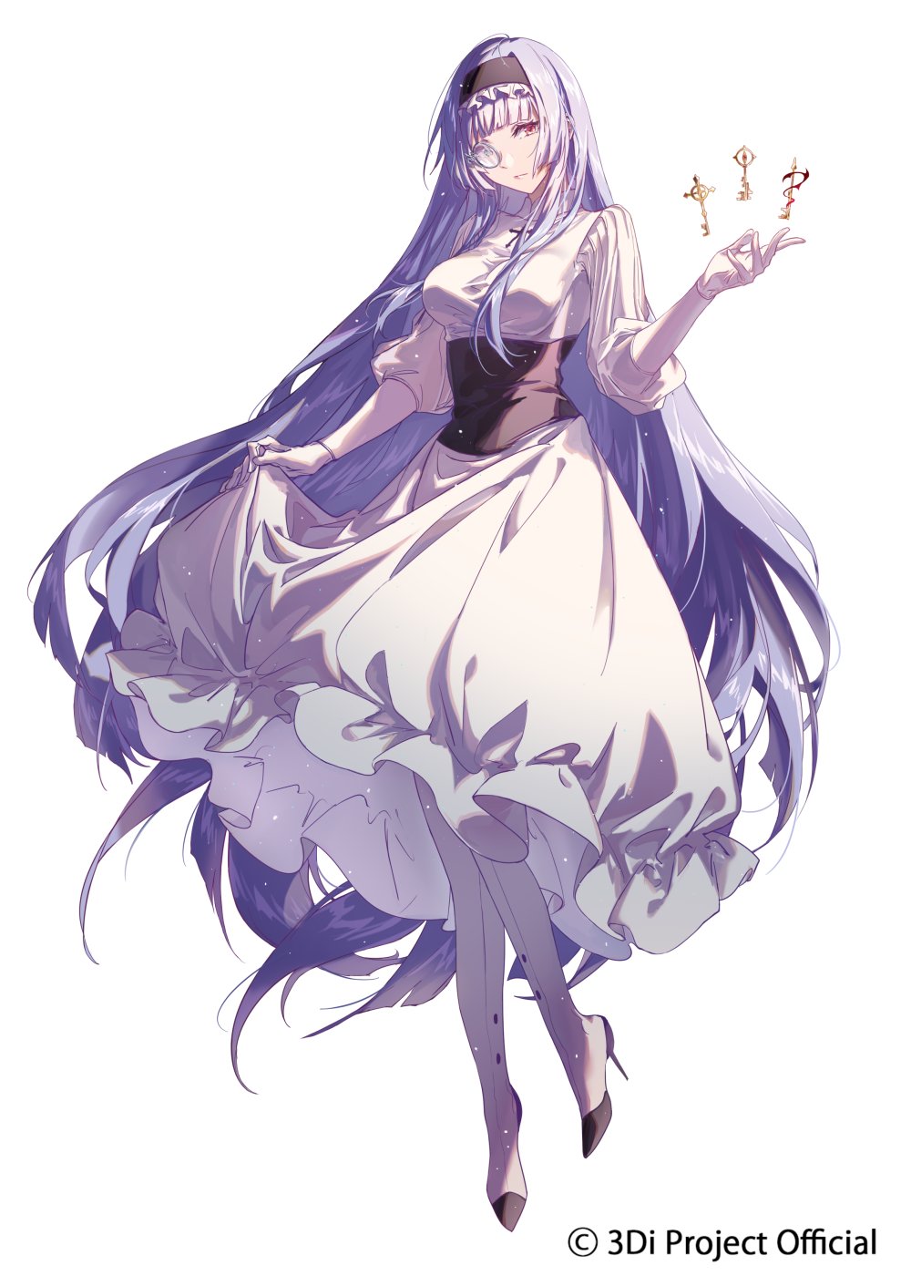 1girl 3di_project bangs blunt_bangs cicirelrel closed_mouth clothes_lift dress dress_lift hairband heterochromia highres key light_purple_hair long_hair long_sleeves marcheline official_art puffy_long_sleeves puffy_sleeves red_eyes solo very_long_hair virtual_youtuber white_dress