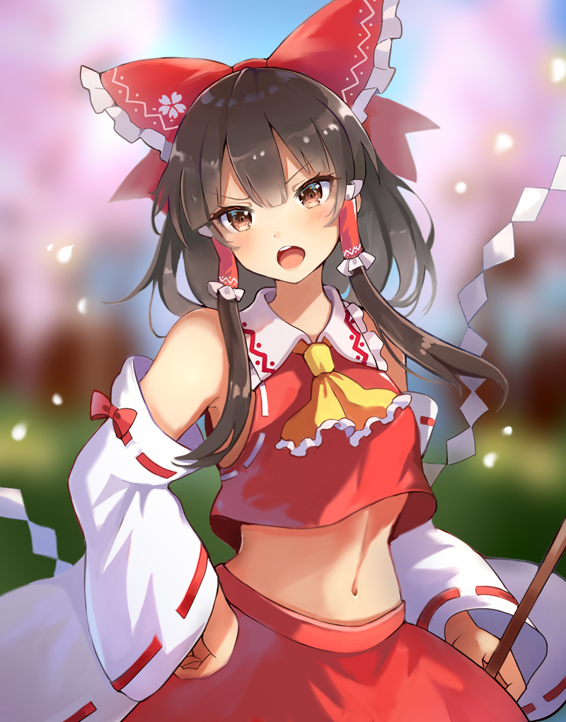 1girl 60mai bare_shoulders black_hair blush bow brown_eyes detached_sleeves eyebrows_visible_through_hair gohei hair_between_eyes hair_bow hair_tubes hakurei_reimu holding japanese_clothes long_hair navel nontraditional_miko open_mouth red_bow red_skirt ribbon-trimmed_sleeves ribbon_trim sidelocks skirt solo teeth touhou upper_teeth wide_sleeves