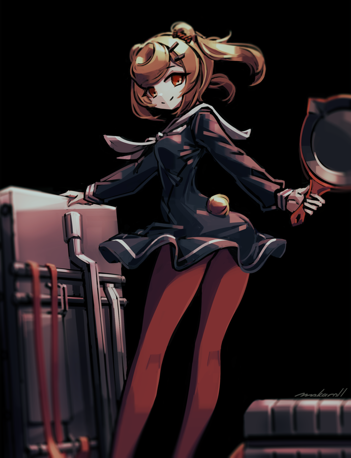 1girl allen_(makaroll) animal_ears arknights artist_name bear_ears bear_girl bear_tail black_background black_dress blonde_hair breasts dress eyebrows_visible_through_hair feet_out_of_frame from_behind frying_pan gummy_(arknights) hair_ornament hairclip holding holding_frying_pan holding_shield long_sleeves looking_at_viewer neckerchief orange_eyes orange_legwear pantyhose sailor_dress shield short_hair simple_background small_breasts smile solo split_mouth tail twintails white_neckerchief