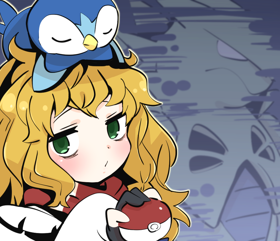 1girl bags_under_eyes bangs black_gloves blonde_hair blush closed_mouth commentary_request cookie_(touhou) gloves gram_9 green_eyes holding holding_poke_ball kirisame_marisa long_hair looking_at_viewer mars_(cookie) no_hat no_headwear partially_fingerless_gloves piplup poke_ball pokemon red_scarf scarf touhou tyranitar upper_body