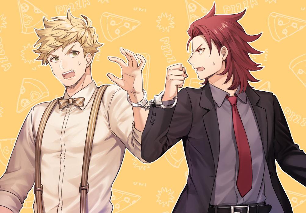 2boys bangs belt black_belt black_jacket blonde_hair bow bowtie collared_shirt cuffs granblue_fantasy green_eyes grey_shirt handcuffs jacket looking_at_another male_focus multiple_boys necktie ono_(0_no) open_clothes open_jacket open_mouth percival_(granblue_fantasy) red_eyes redhead shared_handcuffs shirt short_hair suspenders upper_body vane_(granblue_fantasy) white_shirt