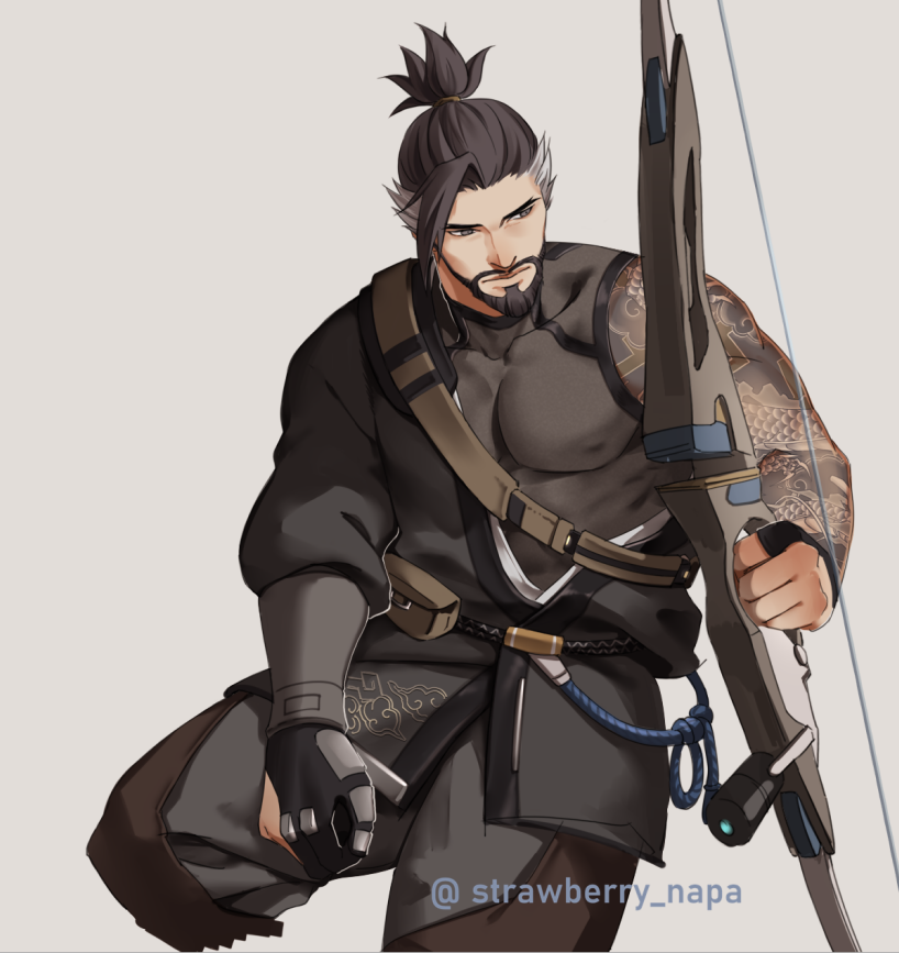 1boy beard black_hair bow_(weapon) brown_hair commentary facial_hair gloves hanzo_(overwatch) holding japanese_clothes long_hair long_sleeves male_focus multicolored_hair overwatch ponytail solo strawberry_napa tattoo weapon