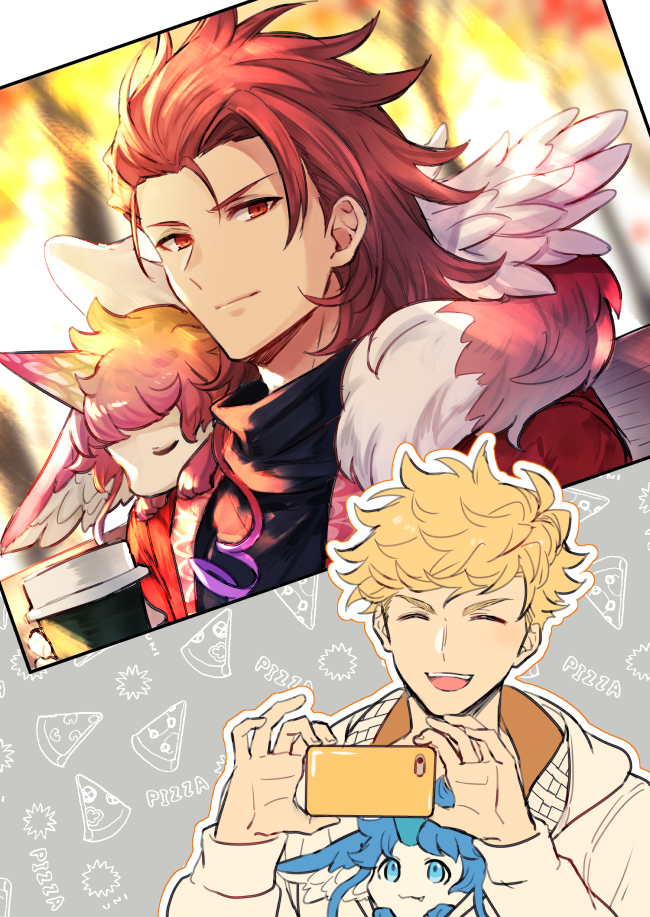2boys bangs black_shirt blonde_hair carbuncle_(final_fantasy) closed_eyes closed_mouth coffee_cup cup disposable_cup granblue_fantasy holding holding_cup holding_phone hood hood_down hooded_jacket jacket male_focus multiple_boys ono_(0_no) open_mouth percival_(granblue_fantasy) phone red_eyes redhead shirt short_hair smile vane_(granblue_fantasy) white_jacket