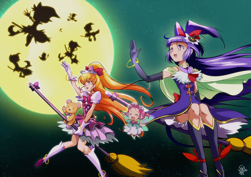 2020 6+girls :d anklet black_headwear blonde_hair boots bow bowtie bracelet broom broom_riding cure_magical cure_miracle dated dress elbow_gloves floating_hair full_moon gloves ha-chan_(mahou_girls_precure!) hair_bow hat high_ponytail jewelry knee_boots kneehighs layered_skirt long_hair mahou_girls_precure! mini_hat miniskirt mofurun_(mahou_girls_precure!) moon multiple_girls ojamajo_doremi open_mouth pink_skirt precure purple_dress purple_footwear purple_gloves purple_hair red_bow red_bowtie red_eyes shiny shiny_hair short_sleeves signature skirt sleeveless sleeveless_dress smile stuffed_animal stuffed_toy teddy_bear tomo5656ky very_long_hair white_gloves white_legwear witch_hat