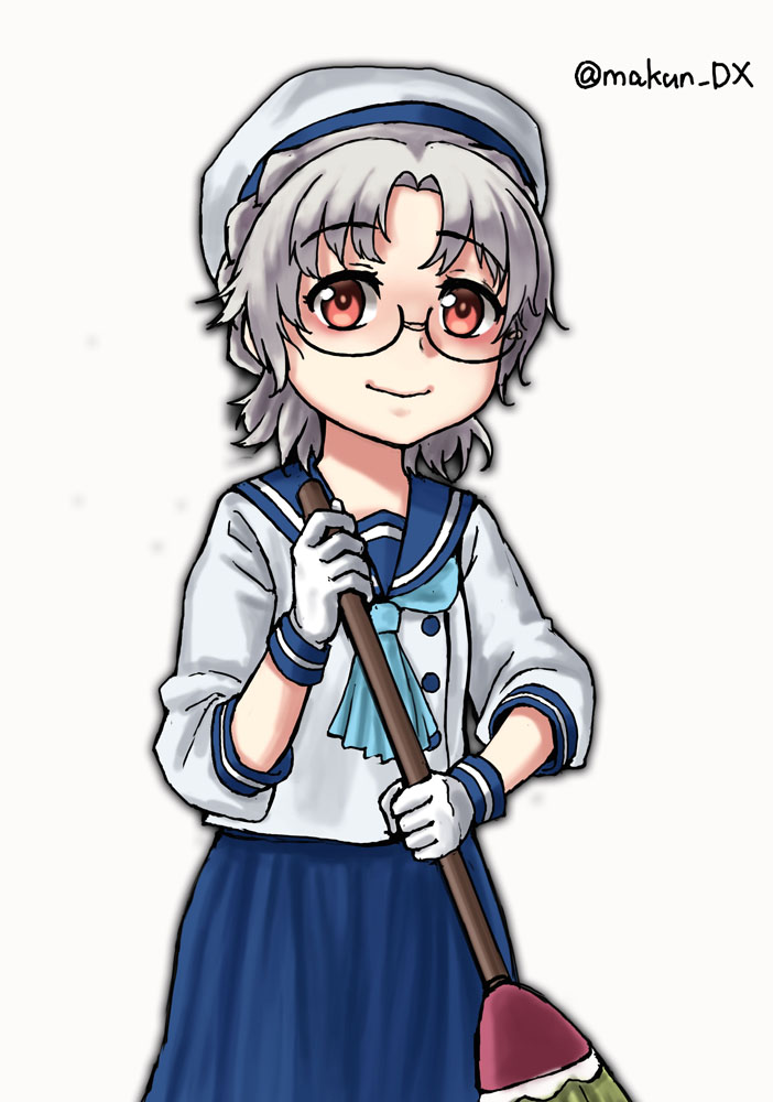 1girl blue_neckerchief blue_sailor_collar blue_skirt broom brown_eyes glasses gloves grey_hair hat hirato_(kancolle) holding holding_broom kantai_collection long_sleeves looking_at_viewer makun_dx neckerchief one-hour_drawing_challenge pleated_skirt sailor_collar sailor_hat short_hair simple_background skirt solo twitter_username wavy_hair white_background white_gloves white_headwear