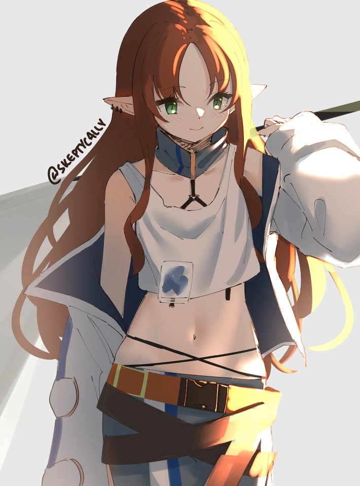 1girl arknights bangs bare_shoulders belt blue_skirt blush closed_mouth collarbone cowboy_shot crop_top ear_piercing eyebrows_visible_through_hair flag green_eyes holding holding_flag jacket long_hair long_sleeves looking_at_viewer myrtle_(arknights) navel off_shoulder open_clothes open_jacket parted_bangs piercing pointy_ears redhead skeptycally skirt smile solo stomach twitter_username very_long_hair white_jacket