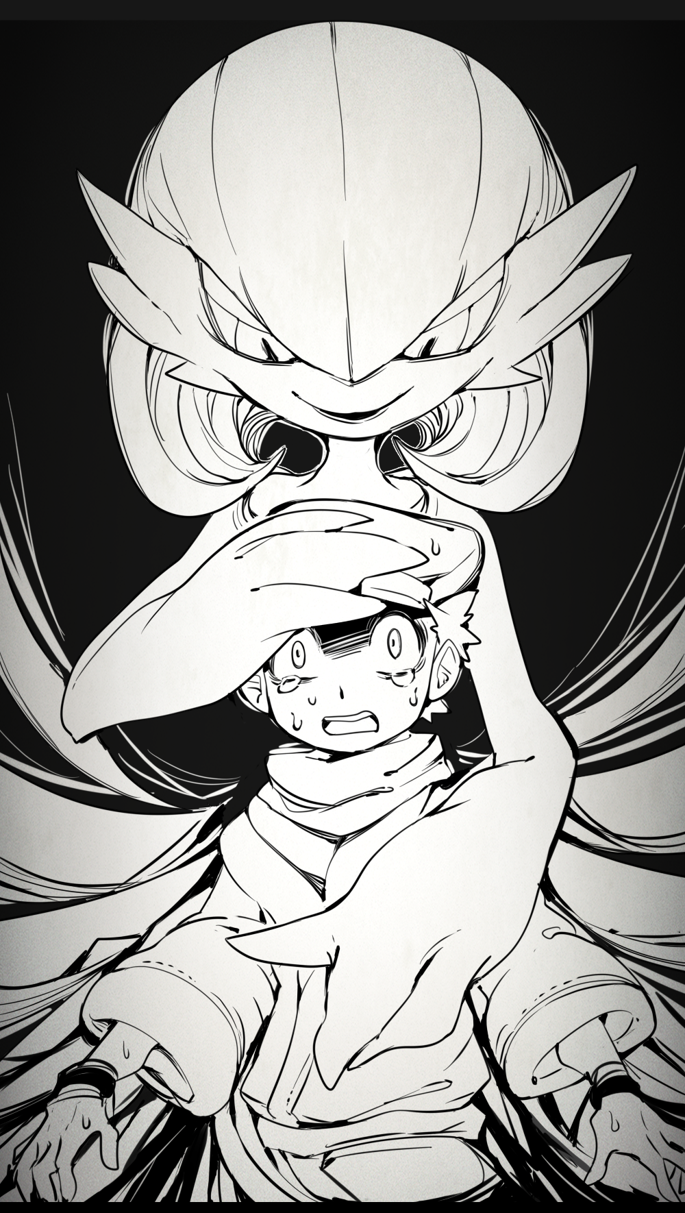 1boy 1girl alpha_pokemon bangs black_background bob_cut cabbie_hat commentary_request constricted_pupils gardevoir greyscale hair_between_eyes half-closed_eyes hand_on_another's_chest hand_on_another's_head happy hat highres horror_(theme) hug hug_from_behind imaat japanese_clothes kimono layered_sleeves long_sleeves looking_at_another looking_at_viewer looking_down monochrome open_mouth pokemon pokemon_(creature) pokemon_(game) pokemon_legends:_arceus rei_(pokemon) sash scared scarf short_hair simple_background smile standing straight-on sweat tears teeth upper_body wide-eyed wide_sleeves