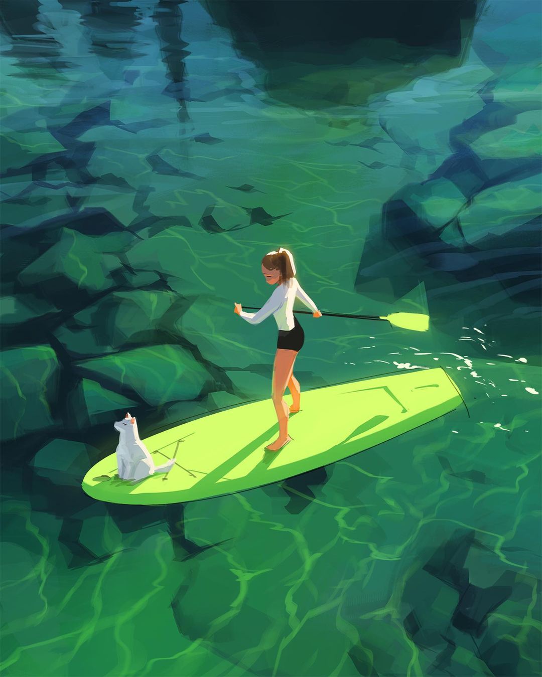 1girl barefoot brown_hair dog full_body highres legs long_sleeves ponytail rowing sam_yang sitting standing water