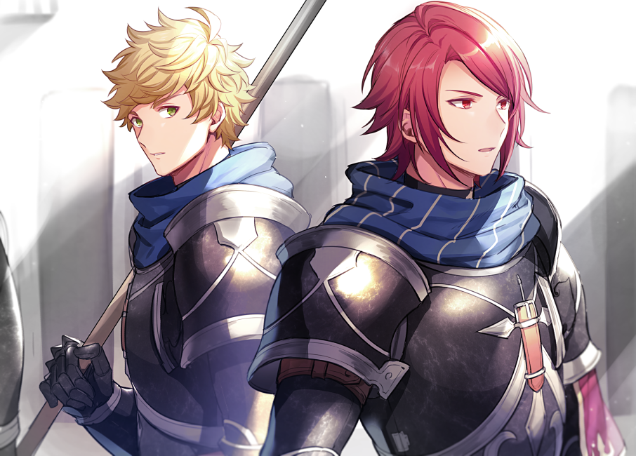 2boys armor bangs black_armor blonde_hair blue_scarf closed_mouth gauntlets granblue_fantasy green_eyes holding holding_weapon male_focus multiple_boys official_alternate_costume ono_(0_no) percival_(granblue_fantasy) red_eyes redhead scarf short_hair shoulder_armor shoulder_pads upper_body vane_(granblue_fantasy) weapon