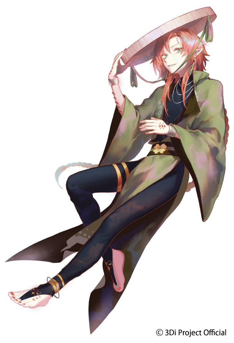 1boy 3di_project bangs barefoot braid eucacell green_eyes hat long_sleeves looking_to_the_side male_focus nail_polish official_art orange_hair pointy_ears thanh_loc toenail_polish toenails traditional_clothes virtual_youtuber white_background wide_sleeves