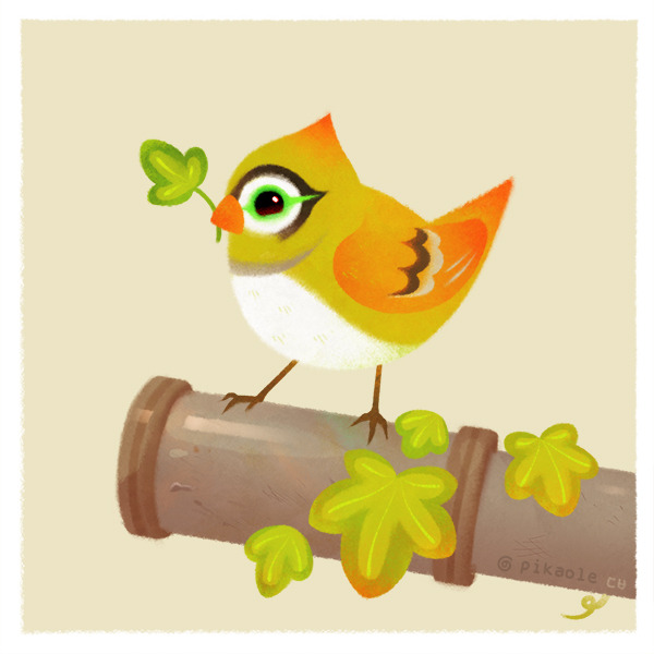 animal animal_focus artist_name beak bird black_eyes border commentary ganymede_(overwatch) leaf looking_at_viewer mouth_hold no_humans overwatch pikaole pipe simple_background standing tan_background white_border