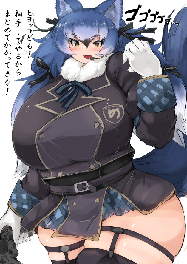 1girl alternate_breast_size animal_ears arm_at_side bangs belt black_hair black_legwear blue_hair blush breast_pocket breasts buttons controller cowboy_shot curvy dire_wolf_(kemono_friends) dualshock eyebrows_visible_through_hair fangs fur_collar game_controller gamepad garter_straps gigantic_breasts ginzake_(mizuumi) gloves hair_between_eyes hair_ribbon hand_up headset holding holding_controller holding_game_controller jacket japari_symbol kemono_friends kemono_friends_v_project leg_garter long_hair long_sleeves looking_at_viewer microskirt multicolored_hair neck_ribbon official_alternate_costume open_mouth plaid plaid_skirt playstation_controller pocket ribbon skindentation skirt smile solo tail thigh-highs twintails very_long_hair virtual_youtuber white_gloves white_hair wolf_ears wolf_girl wolf_tail yellow_eyes