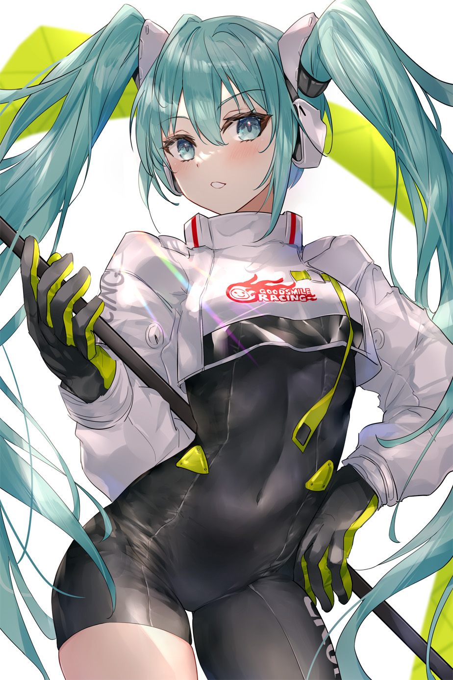 1girl aqua_eyes aqua_hair asle asymmetrical_legwear bangs black_gloves blue_eyes blue_hair blush bodysuit breasts contrapposto covered_navel cowboy_shot cropped_jacket eyebrows_visible_through_hair flagpole flame_print gloves goodsmile_racing green_gloves hair_ornament hatsune_miku headset highres holding holding_pole jacket looking_to_the_side official_alternate_costume parted_lips pole racequeen racing_miku_(2022) small_breasts smiley_face solo twintails two-tone_gloves vocaloid white_jacket