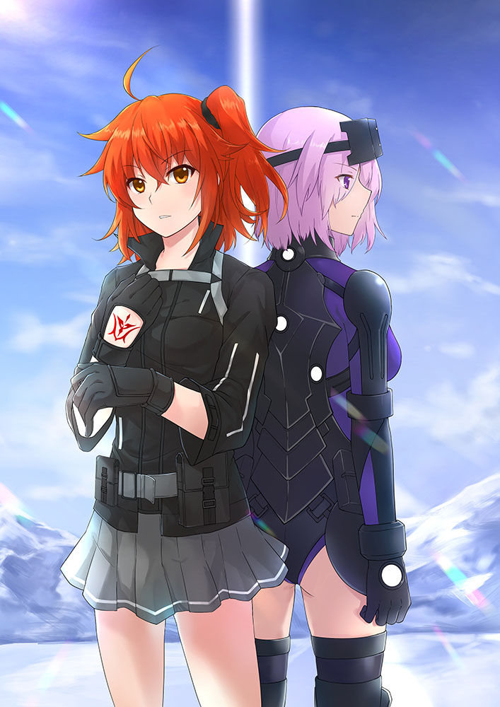 2girls ahoge armor armored_leotard ass back-to-back bangs black_gloves black_leotard black_scrunchie black_shirt command_spell commentary english_commentary eyebrows_visible_through_hair fate/grand_order fate_(series) fujimaru_ritsuka_(female) fujimaru_ritsuka_(female)_(polar_chaldea_uniform) gloves grey_skirt hair_ornament hair_scrunchie leotard light_purple_hair looking_away mash_kyrielight mash_kyrielight_(ortenaus) miniskirt multiple_girls orange_eyes orange_hair outdoors pandagirlz pleated_skirt scrunchie shirt short_hair side_ponytail skirt sky sleeves_rolled_up violet_eyes