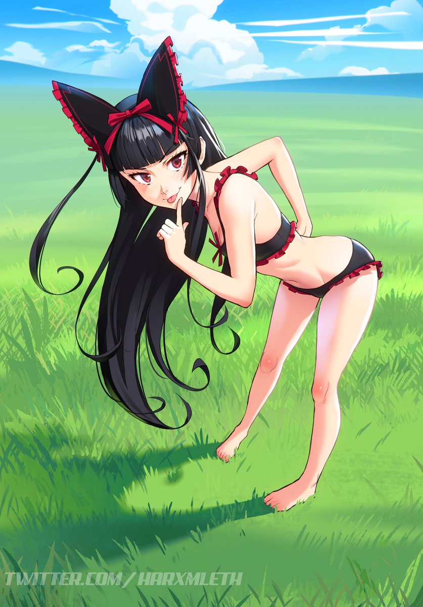 1girl :p bangs bare_arms bare_legs bare_shoulders barefoot black_hair blue_sky blunt_bangs bow breasts clouds commentary commission day english_commentary finger_to_mouth frilled_bow frills full_body gate_-_jieitai_ka_no_chi_nite_kaku_tatakaeri grass hair_bow hand_on_hip highres large_breasts leaning_forward long_hair looking_at_viewer mathias_leth outdoors red_eyes rory_mercury sky smile solo tongue tongue_out twitter_username underwear underwear_only very_long_hair