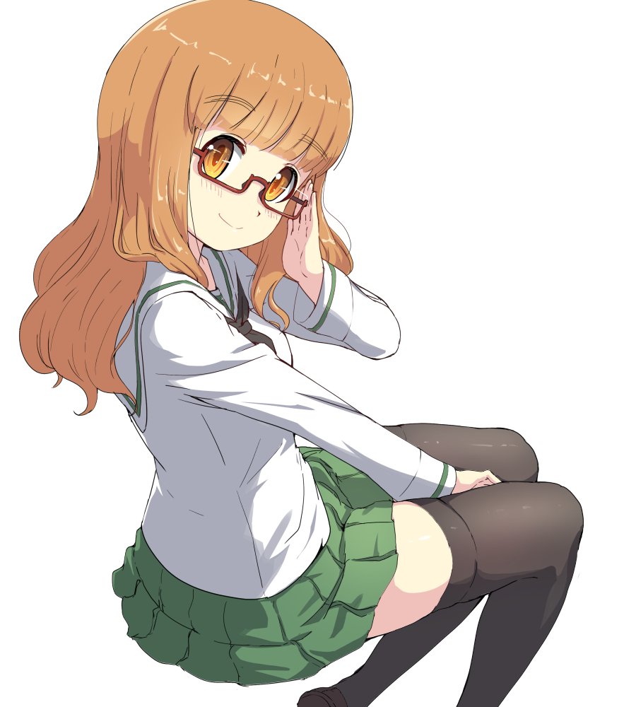 1girl bangs black_legwear black_neckerchief blunt_bangs blush brown_eyes brown_hair buchikaki eyebrows_visible_through_hair from_side girls_und_panzer glasses green_skirt hand_on_eyewear long_hair neckerchief ooarai_school_uniform school_uniform serafuku sitting skirt smile solo takebe_saori thigh-highs white_background zettai_ryouiki