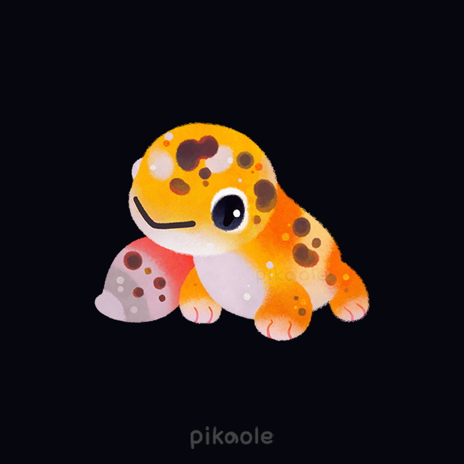 :&gt; animal animal_focus artist_name black_background closed_mouth commentary english_commentary gecko leopard_gecko lizard no_humans original pikaole simple_background smile spots watermark