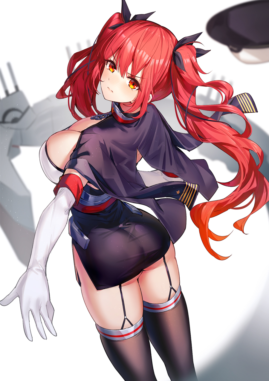 1girl ass azur_lane bangs black_headwear black_jacket black_legwear black_ribbon black_skirt blurry blurry_background breasts cannon chain closed_mouth commentary_request depth_of_field elbow_gloves eyebrows_visible_through_hair from_behind garter_straps gloves hair_between_eyes hair_ribbon hat highres honolulu_(azur_lane) jacket jacket_on_shoulders large_breasts long_hair looking_at_viewer looking_back peaked_cap red_eyes redhead ribbon ririko_(zhuoyandesailaer) skirt solo standing thigh-highs twintails v-shaped_eyebrows very_long_hair white_background white_gloves